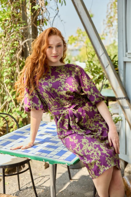 Atelier Jupe Khaki viscose with Purple Flowers