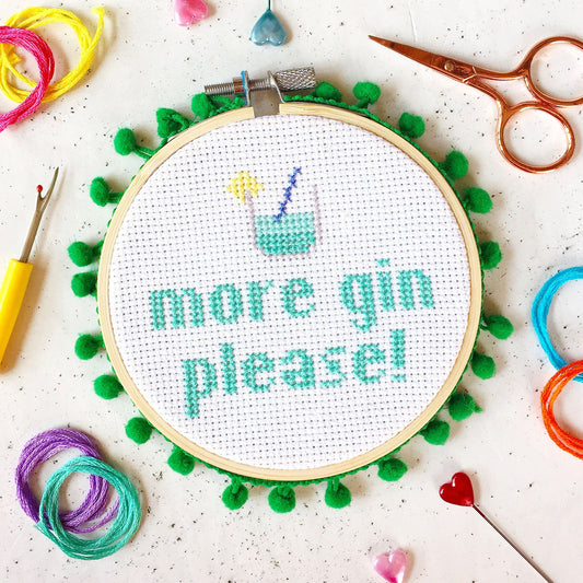 The Make Arcade More Gin Please cross stitch kit
