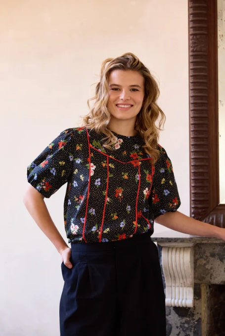 Atelier Jupe black cotton with dots and flowers
